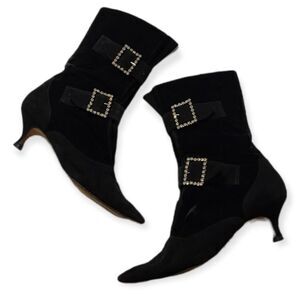 MANOLO BLAHNIK Early 80s Vintage Suede/Velvet Rhinestone Buckle Boots 39.5